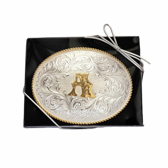 Montana Silversmiths Classic Oval Western Two-Tone Initial "A" Belt Buckle - Picture 3 of 11